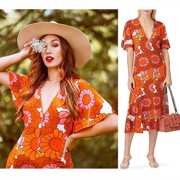 DODO BAR OR 70s Floral Jersey Flutter Short Sleeve Plunge V-Neck Midi Dress S - Picture 1 of 9